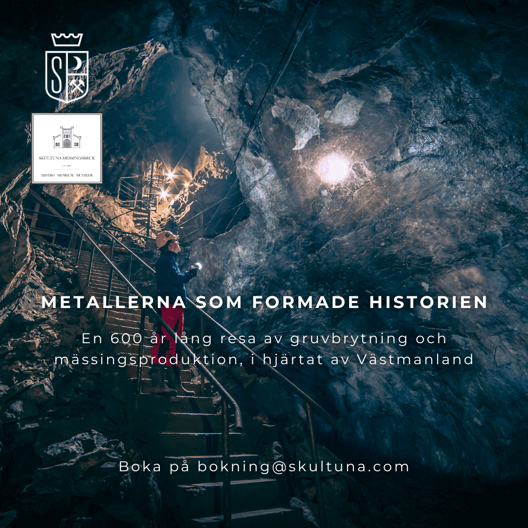 Metallernas historia i Sala Silvergruva: en person i en gruva omgiven av råa klippor och svag belysning.